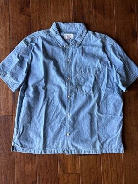 American Eagle Men's XL Blue Short Sleeve Button-Up Shirt Cotton Chambray Denim